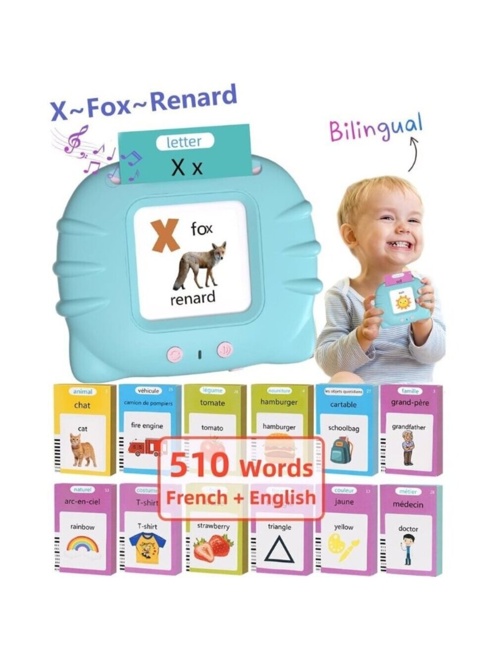 510 French-English Talking Flash Cards Bilingual Learning Toy for Ages 1–4